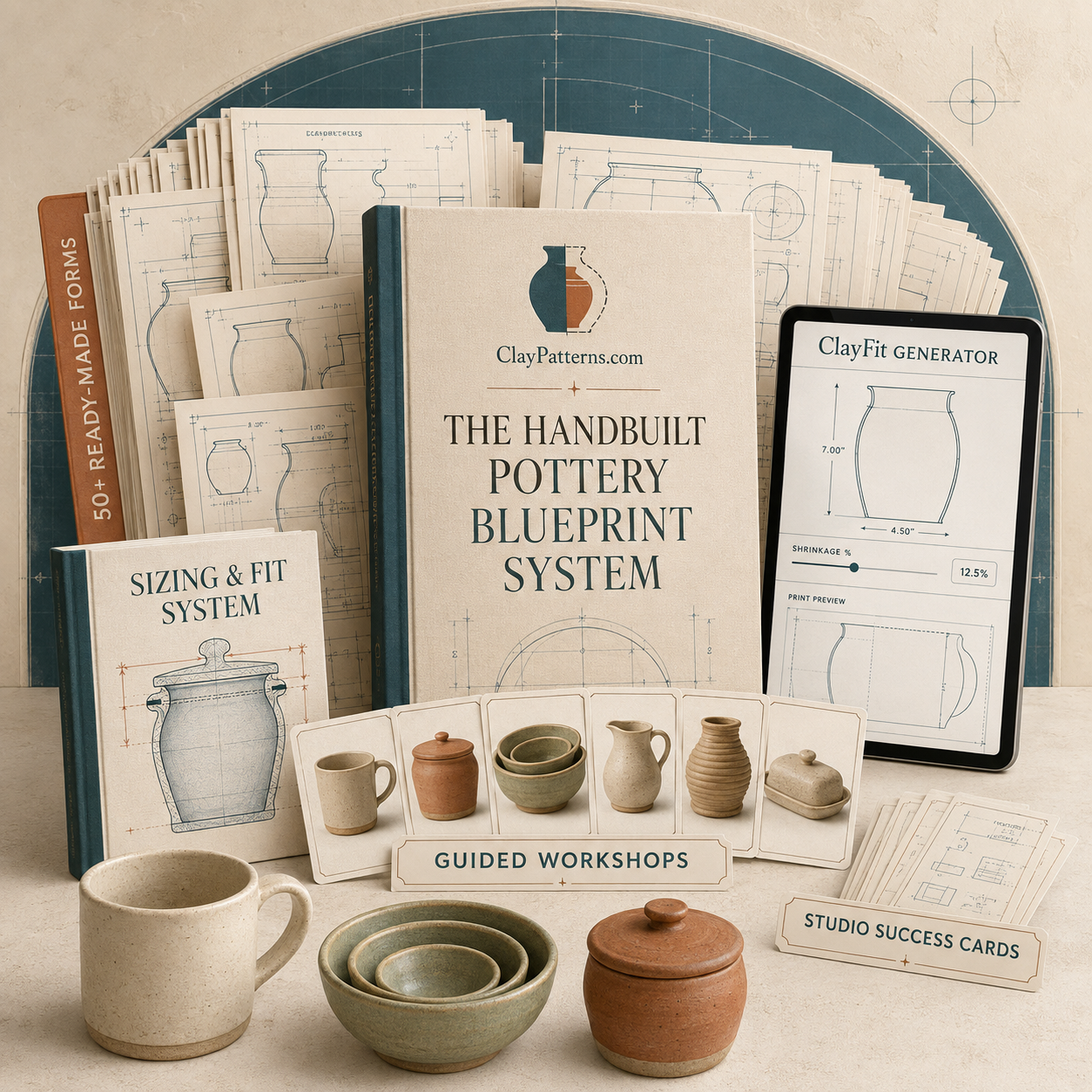 The Handbuilt Pottery Blueprint System: template library, ClayFit generator, sizing and fit system, guided workshops, and studio success cards