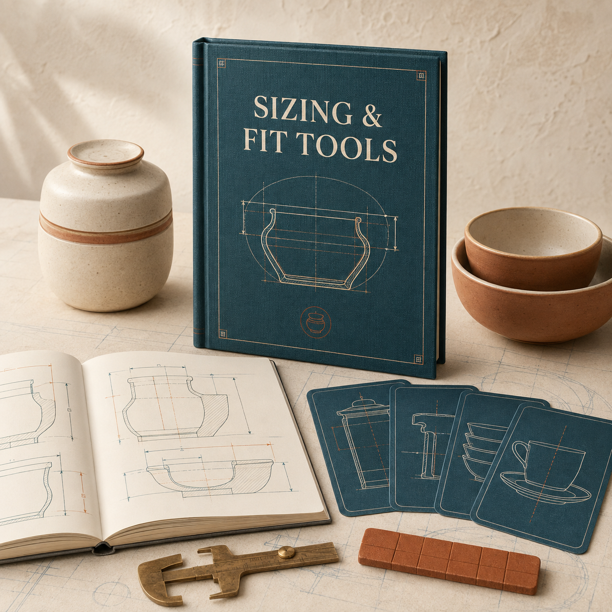 Sizing & Fit Tools book with blueprint cards, calipers, and finished ceramic vessels