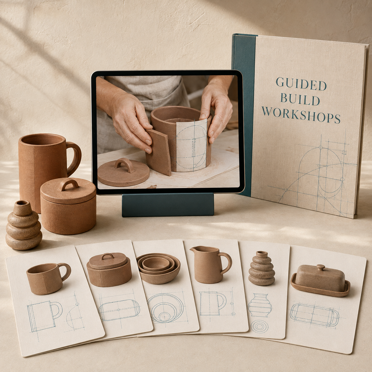 Guided Build Workshops book with tablet demonstration and blueprint cards for handbuilt pottery forms