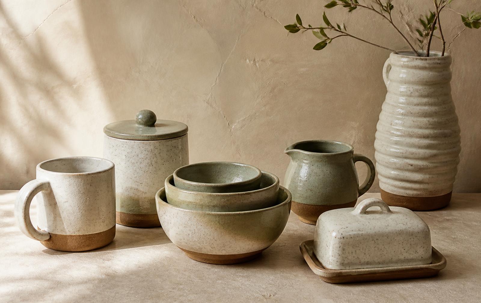 A finished collection of handbuilt stoneware made from ClayPatterns templates